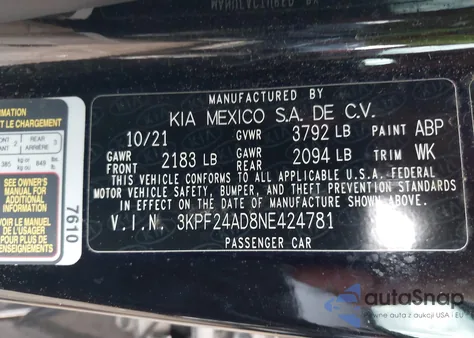 2022 Kia Forte Lxs z USA, uszkodzony, nr VIN 3KPF24AD8NE424781